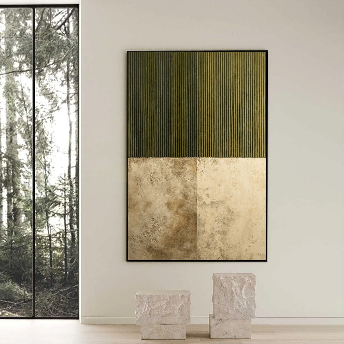 EARTHEN RHYTHM: Textured Minimalist Abstract Painting in Green and Beige