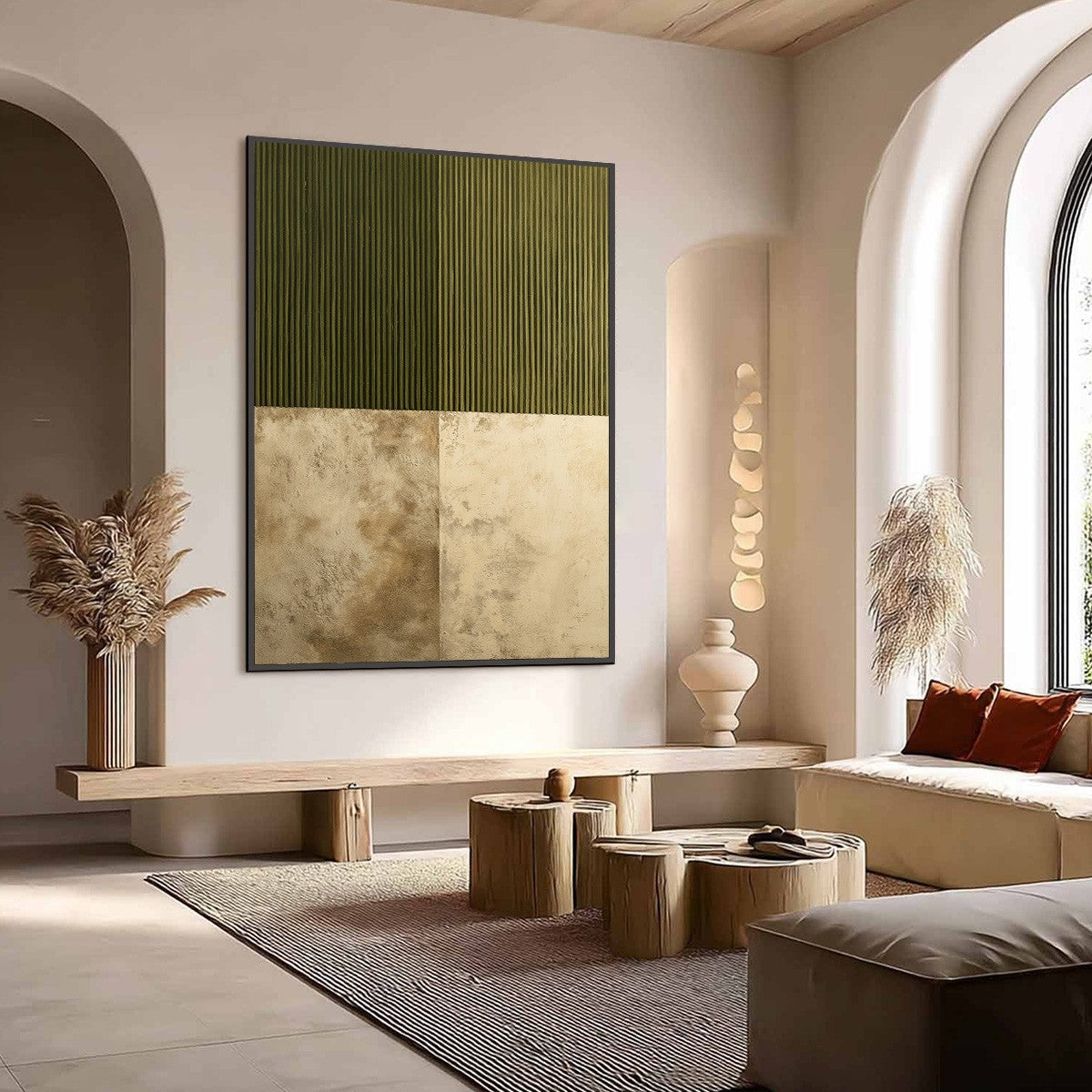 EARTHEN RHYTHM: Textured Minimalist Abstract Painting in Green and Beige