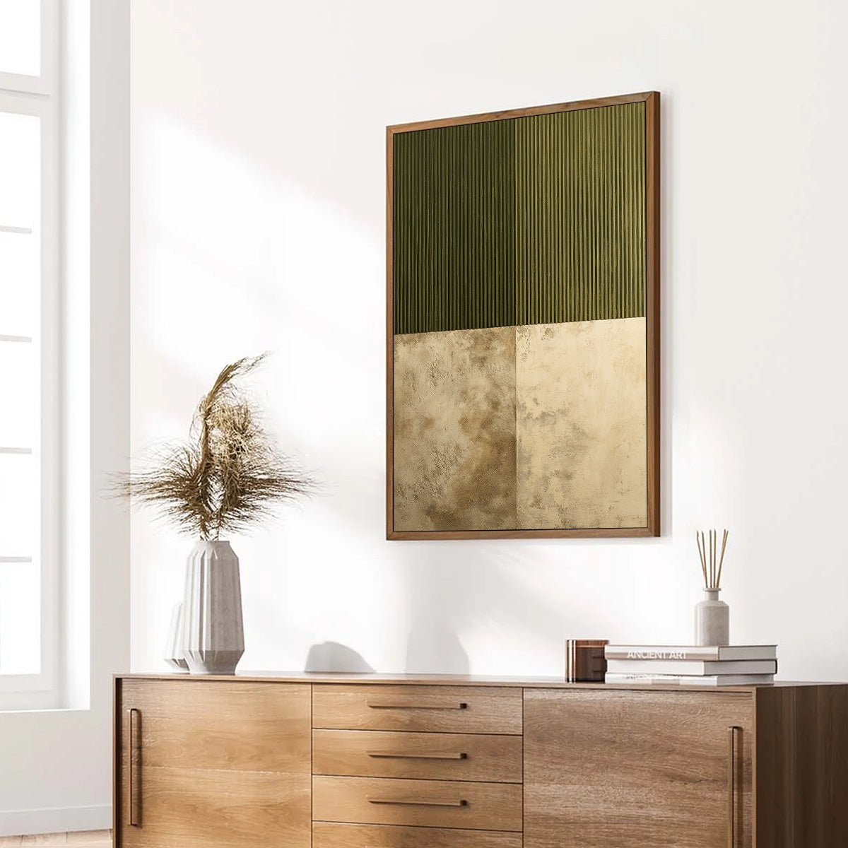 EARTHEN RHYTHM: Textured Minimalist Abstract Painting in Green and Beige