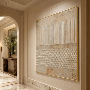 Vertical Wabi-Sabi textured abstract wall art in neutral beige tones, gold frame