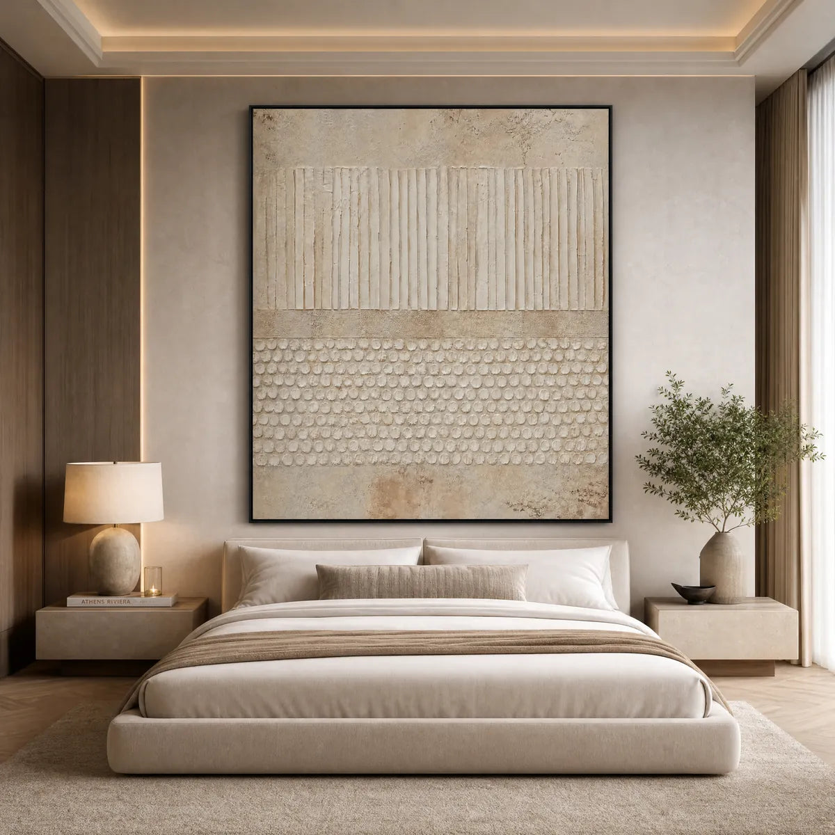 Vertical Wabi-Sabi textured abstract wall art in neutral beige tones above a modern bed