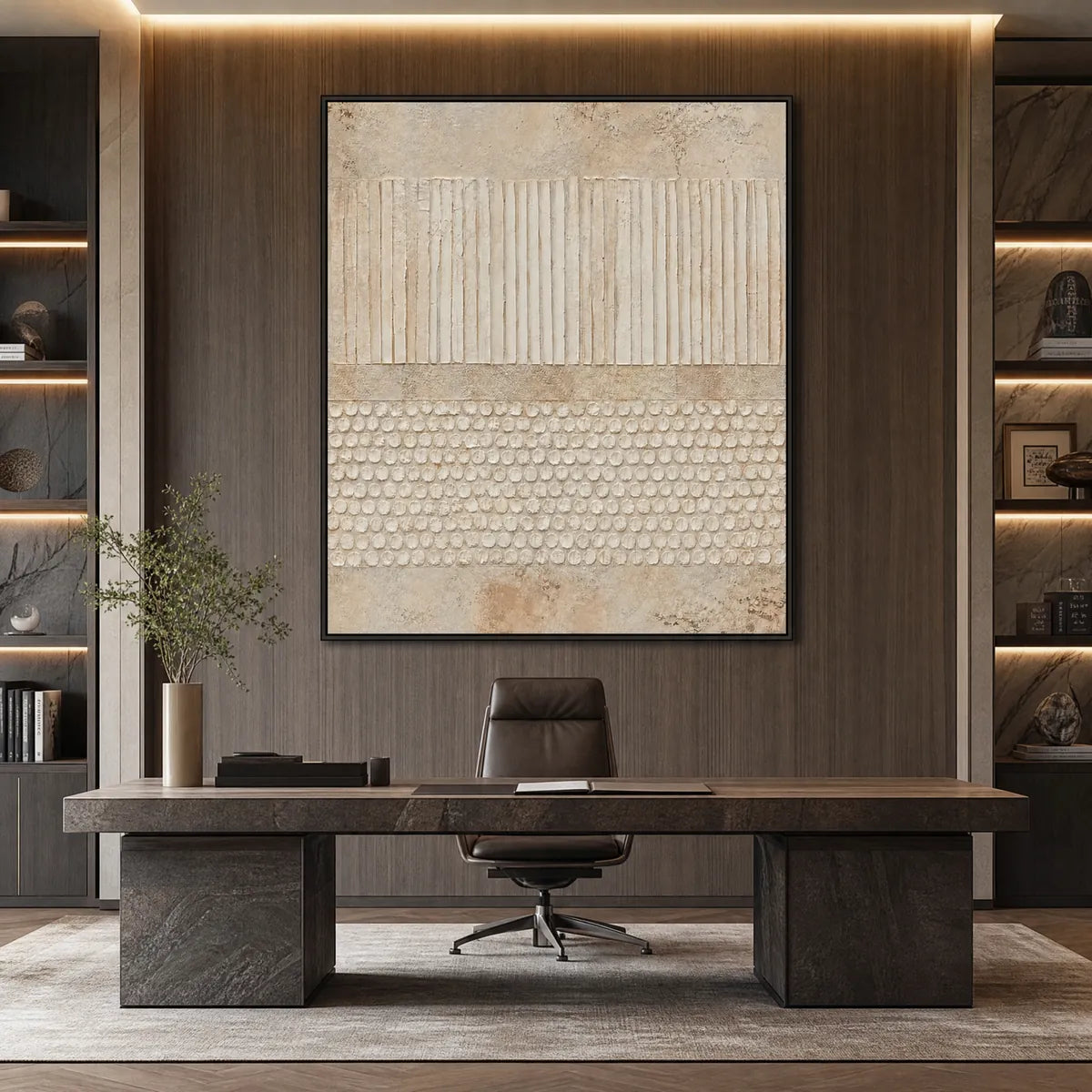 Vertical Wabi-Sabi textured abstract wall art in beige and cream tones