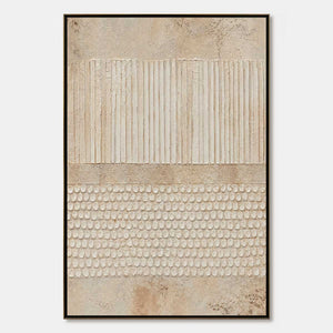 Beige Wabi-Sabi textured abstract wall art with vertical lines and raised circles