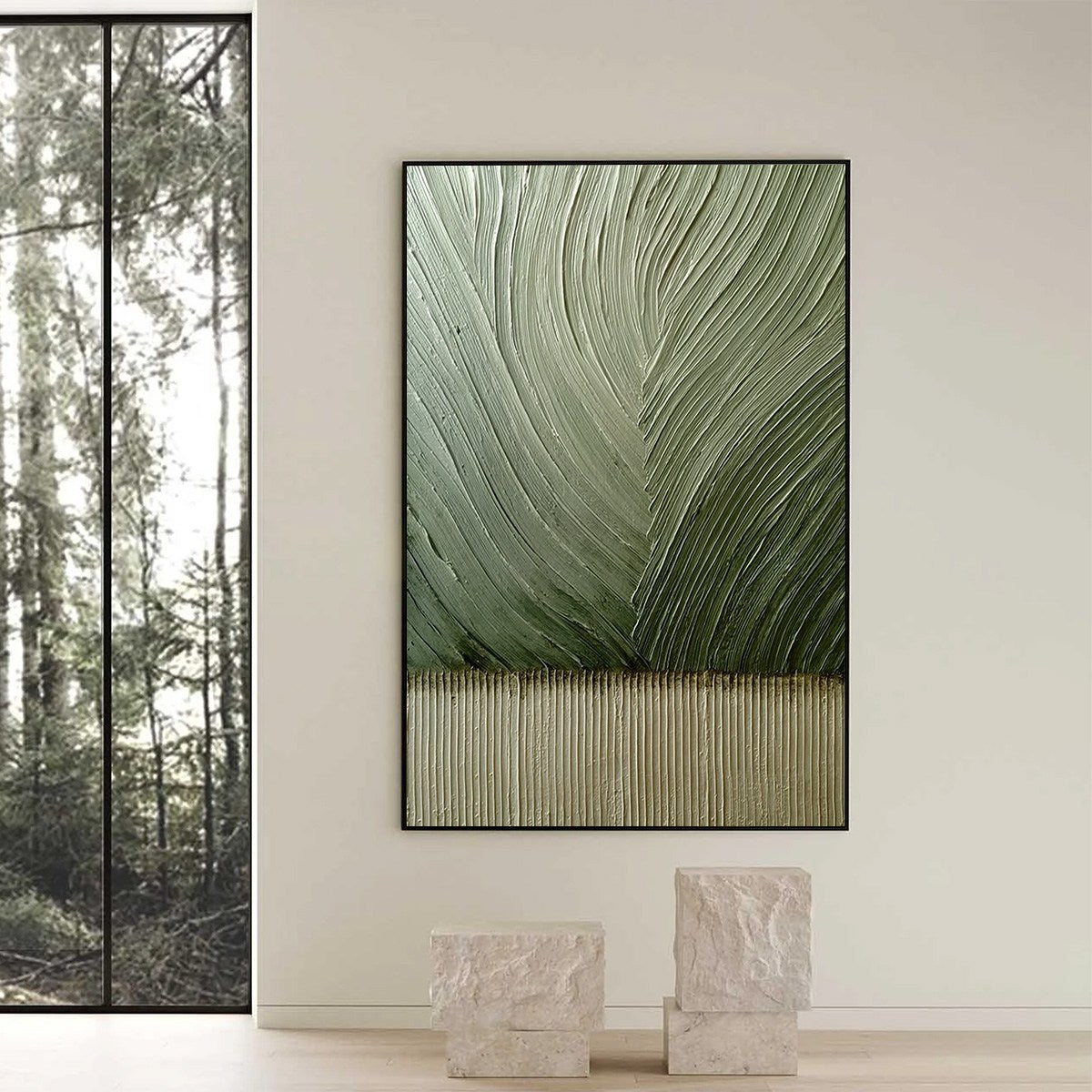 EARTHEN WEAVE: Textured Green and Beige Wabi Sabi Abstract Painting