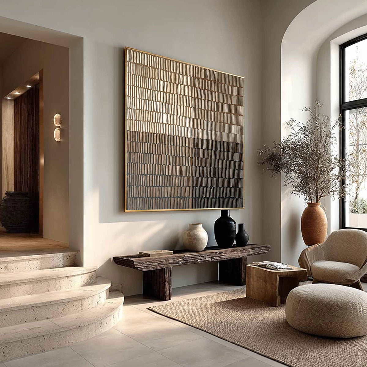 EARTHEN RHYTHM: Minimalist Textured Beige Grid Painting