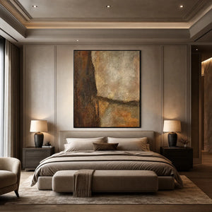 Textured earth tone abstract wall art above a modern beige bedroom bed