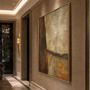 Large textured earth tone abstract wall art in gold frame