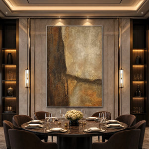 Large textured earth tone abstract wall art in beige, brown and gold