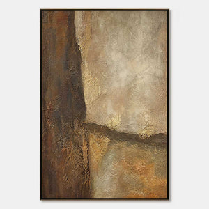 Textured earth tone abstract wall art with beige, brown, and gold layers