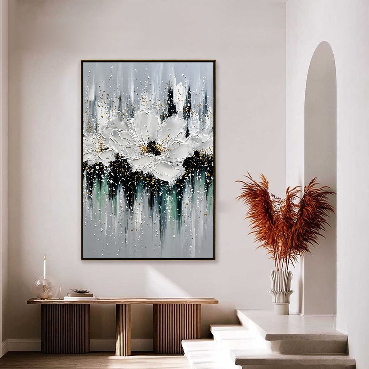 ECHOES IN WHITE: Textured White Flower Impasto Oil Painting with Gold Accents