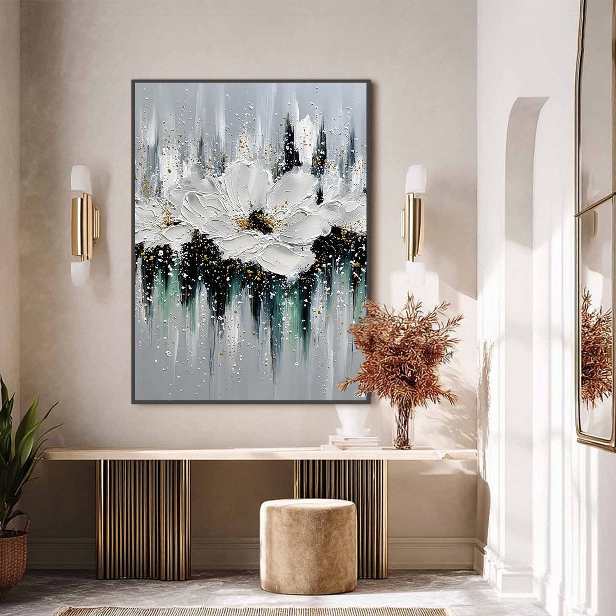 ECHOES IN WHITE: Textured White Flower Impasto Oil Painting with Gold Accents