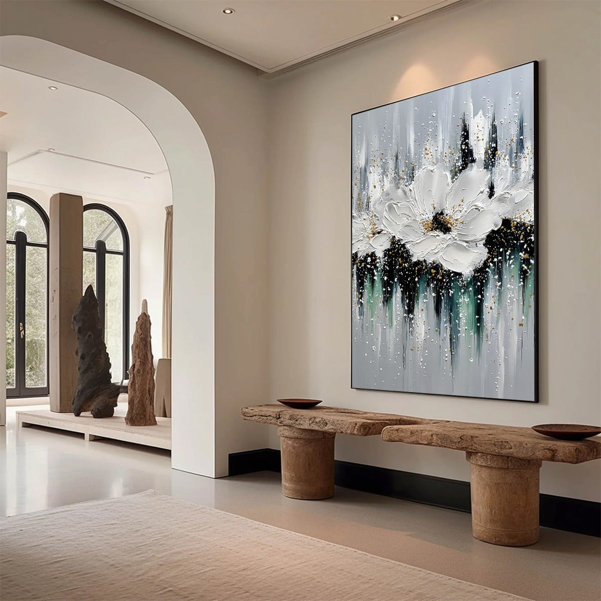 ECHOES IN WHITE: Textured White Flower Impasto Oil Painting with Gold Accents