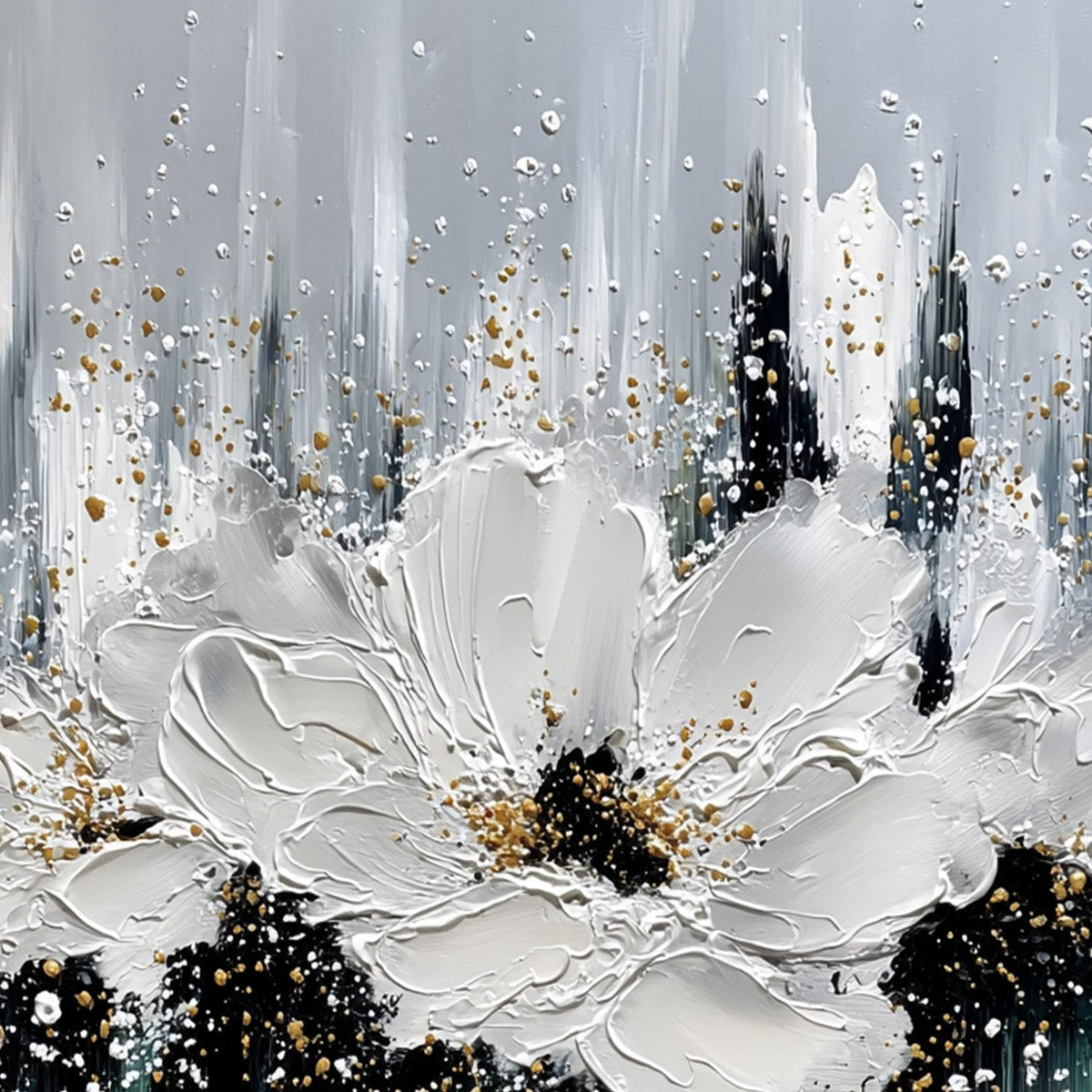 ECHOES IN WHITE: Textured White Flower Impasto Oil Painting with Gold Accents