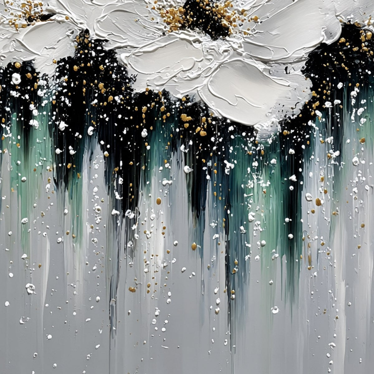 ECHOES IN WHITE: Textured White Flower Impasto Oil Painting with Gold Accents