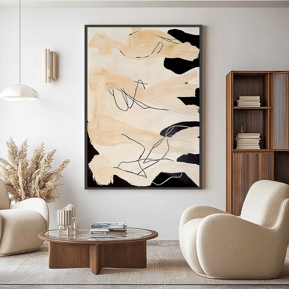 Intertwined Abstract Painting | Minimalist Black & Beige Wall Art