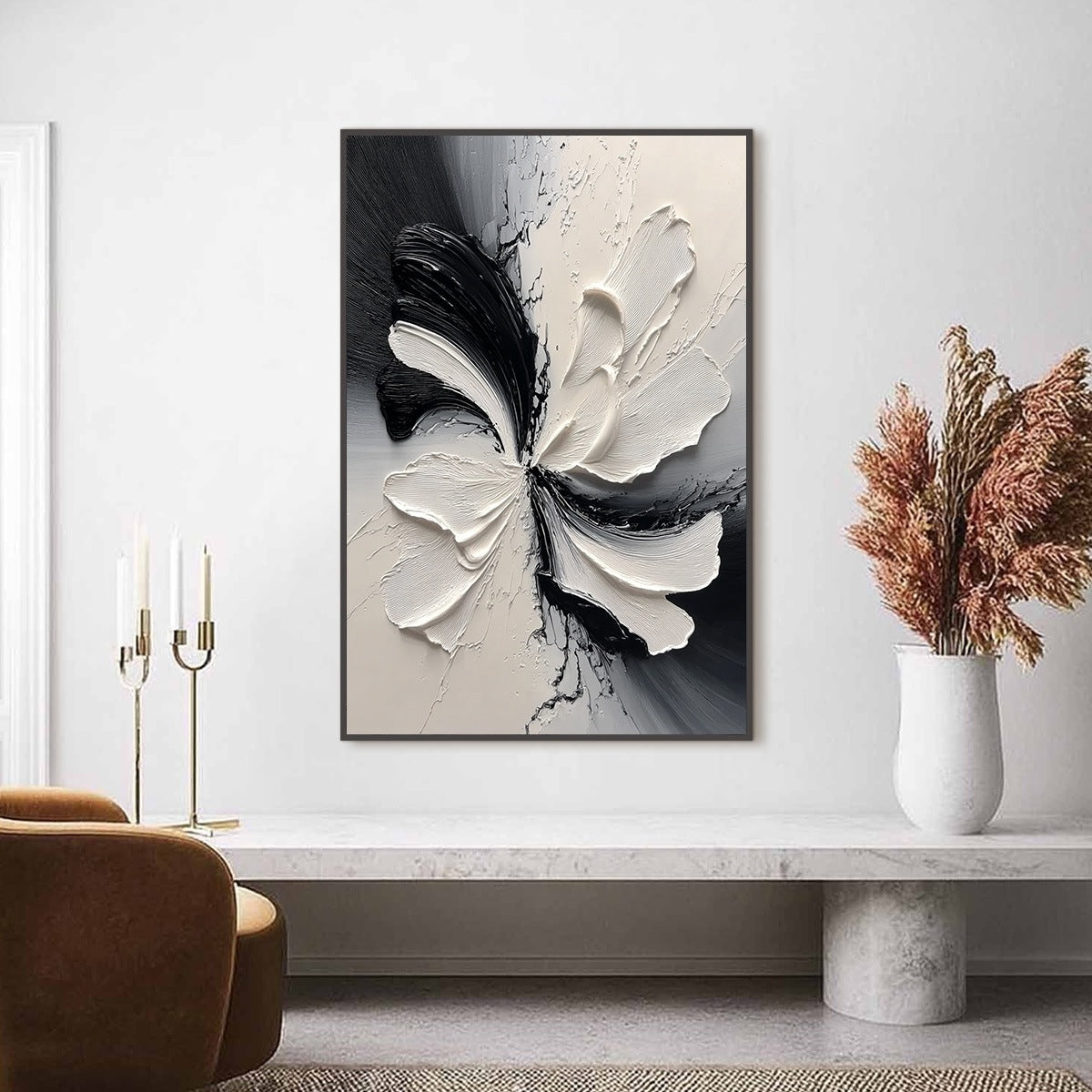 ECLIPSE BLOSSOM: Textured Black and White Abstract Impasto Painting