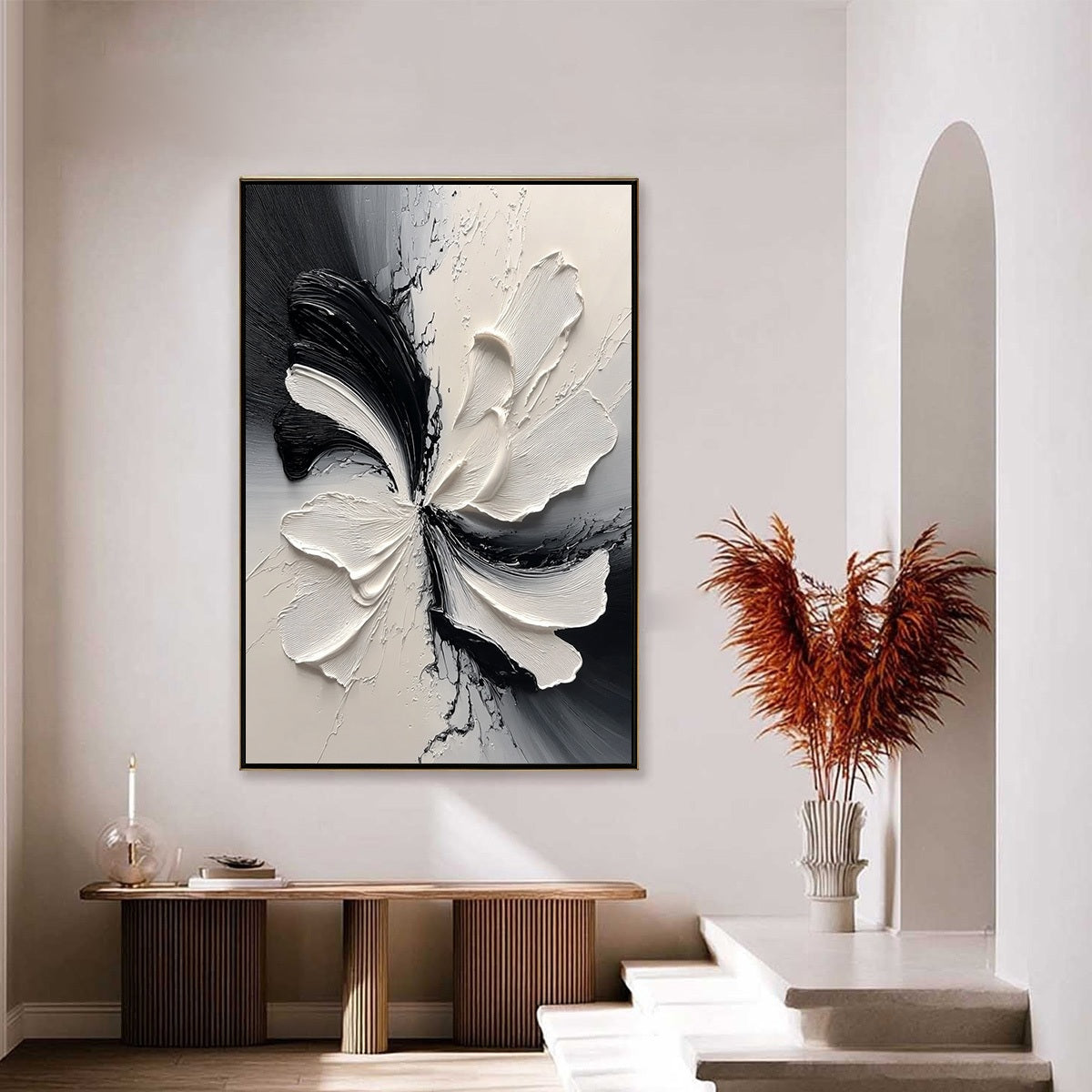 ECLIPSE BLOSSOM: Textured Black and White Abstract Impasto Painting