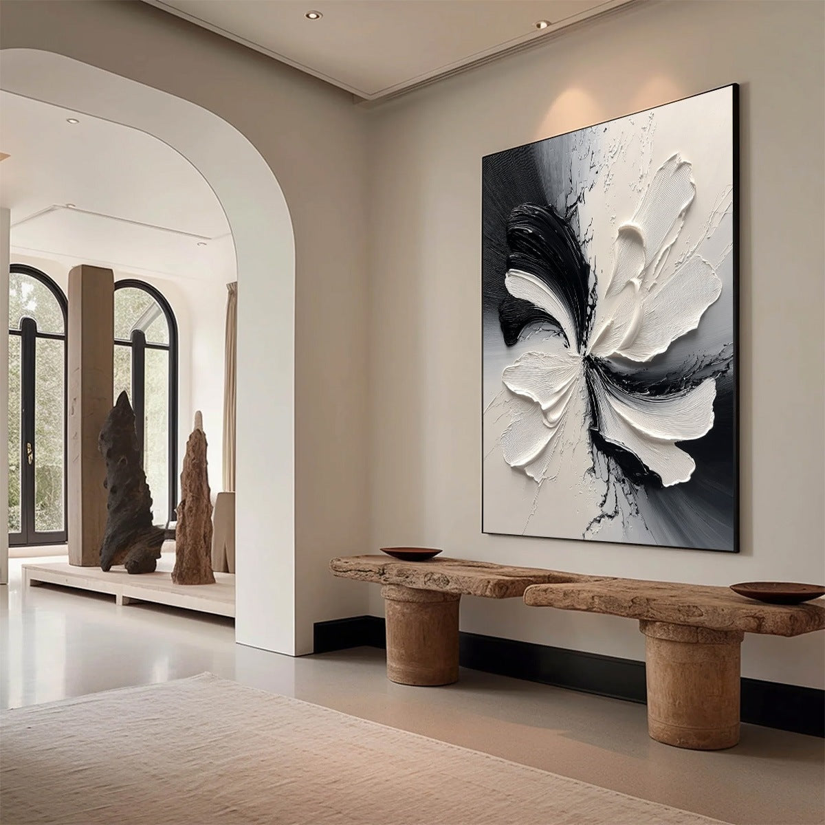 ECLIPSE BLOSSOM: Textured Black and White Abstract Impasto Painting