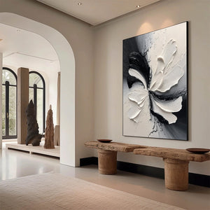 ECLIPSE BLOSSOM: Textured Black and White Abstract Impasto Painting