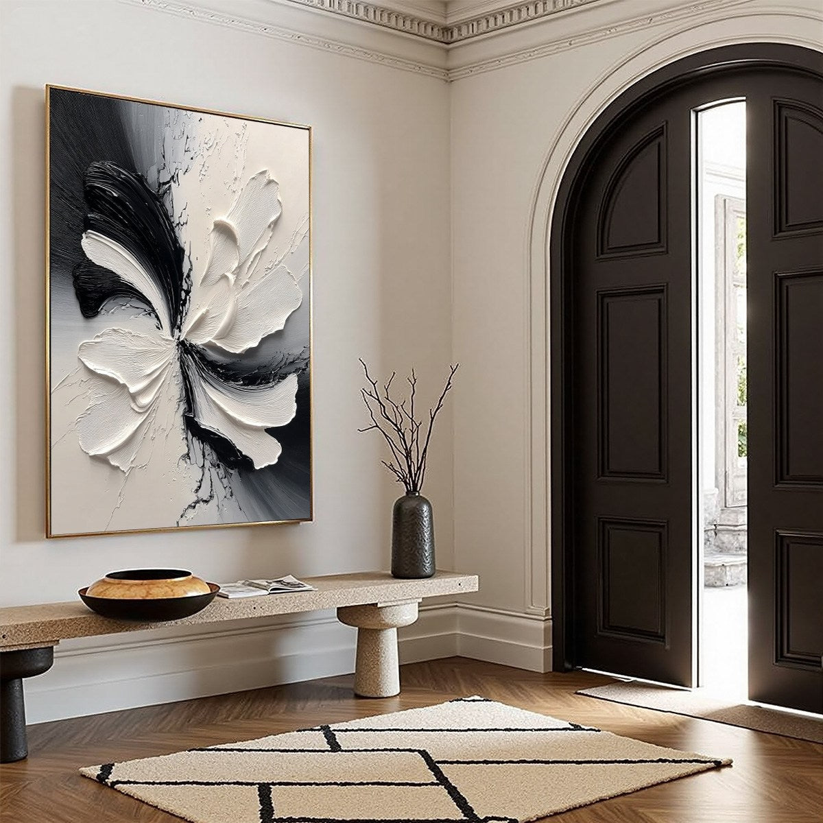 ECLIPSE BLOSSOM: Textured Black and White Abstract Impasto Painting