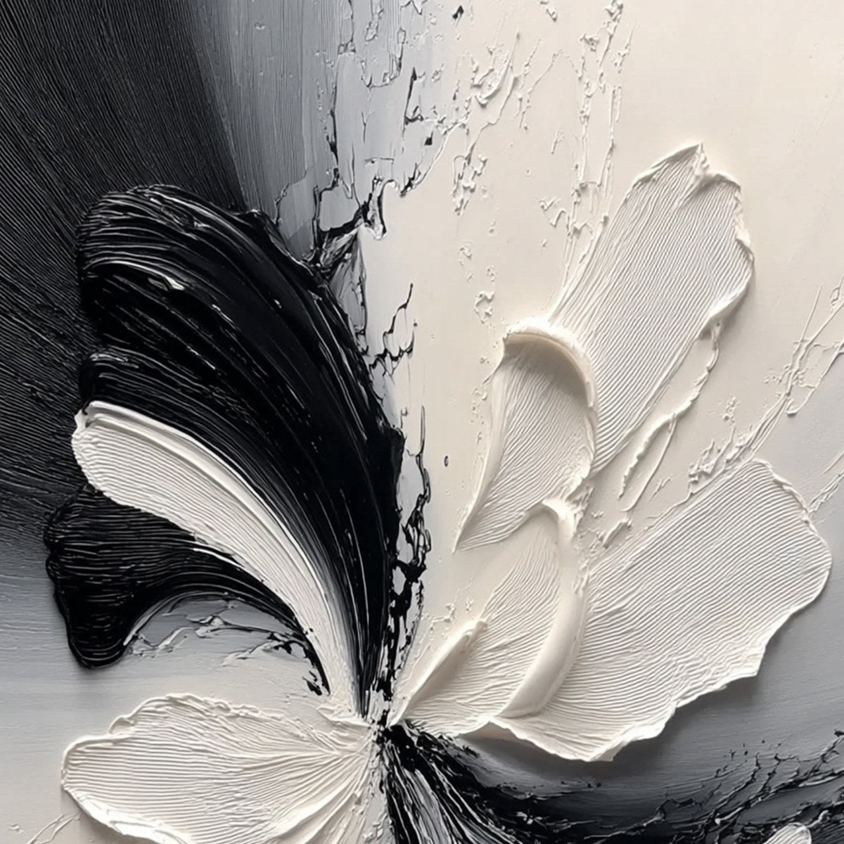 ECLIPSE BLOSSOM: Textured Black and White Abstract Impasto Painting