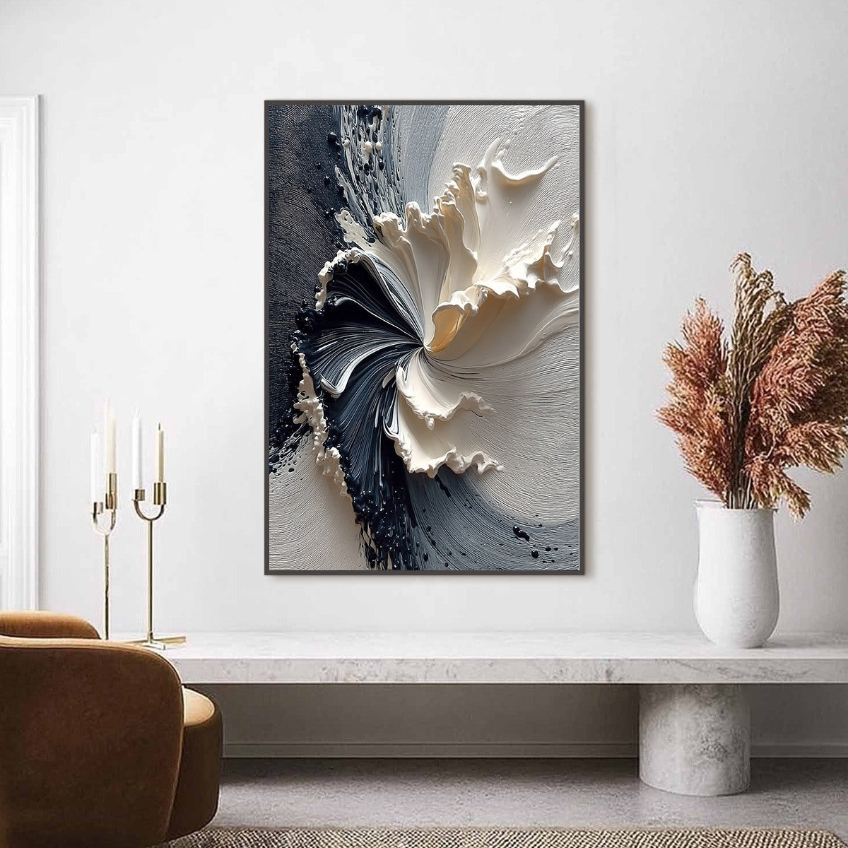 Eclipse in Bloom | Textured Black and White Abstract Oil Painting