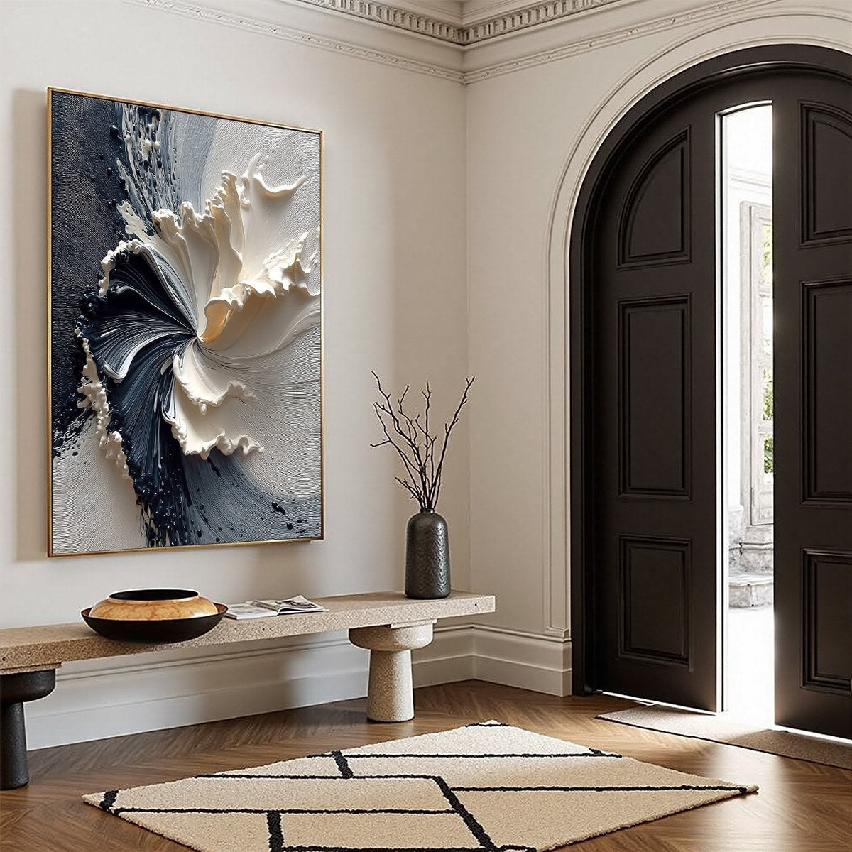 Eclipse in Bloom | Textured Black and White Abstract Oil Painting