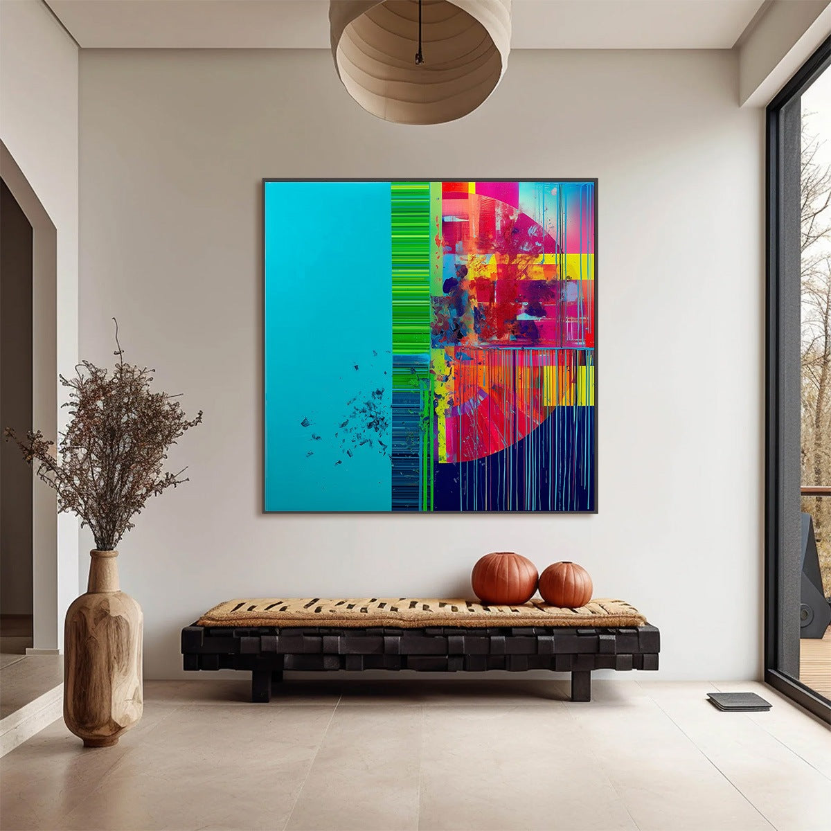 Modern interior with a colorful abstract painting on the wall, a wooden bench, and decorative elements.