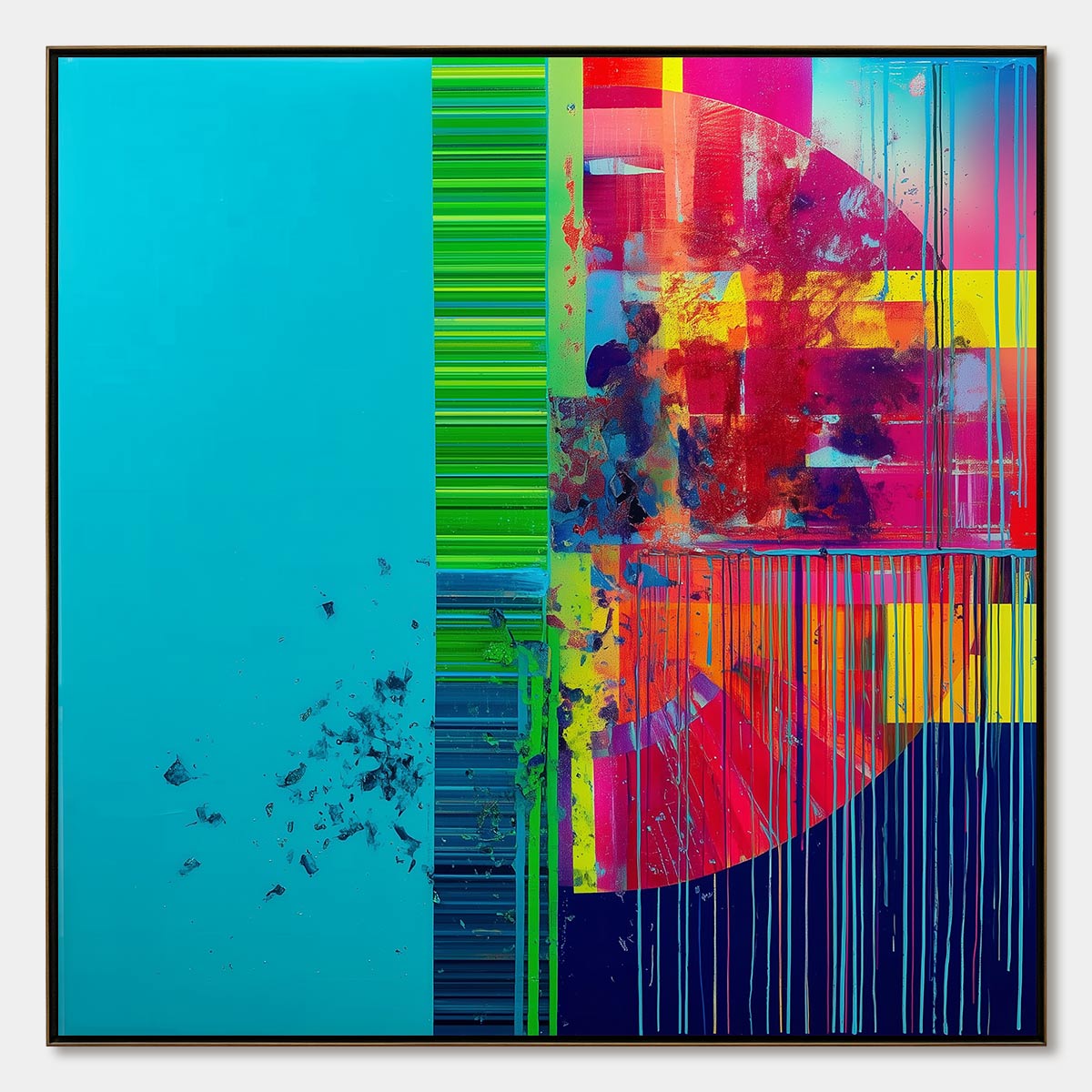 Abstract art piece with vibrant colors and geometric shapes on a blue background