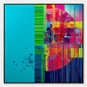 Abstract art piece with vibrant colors and geometric shapes on a blue background