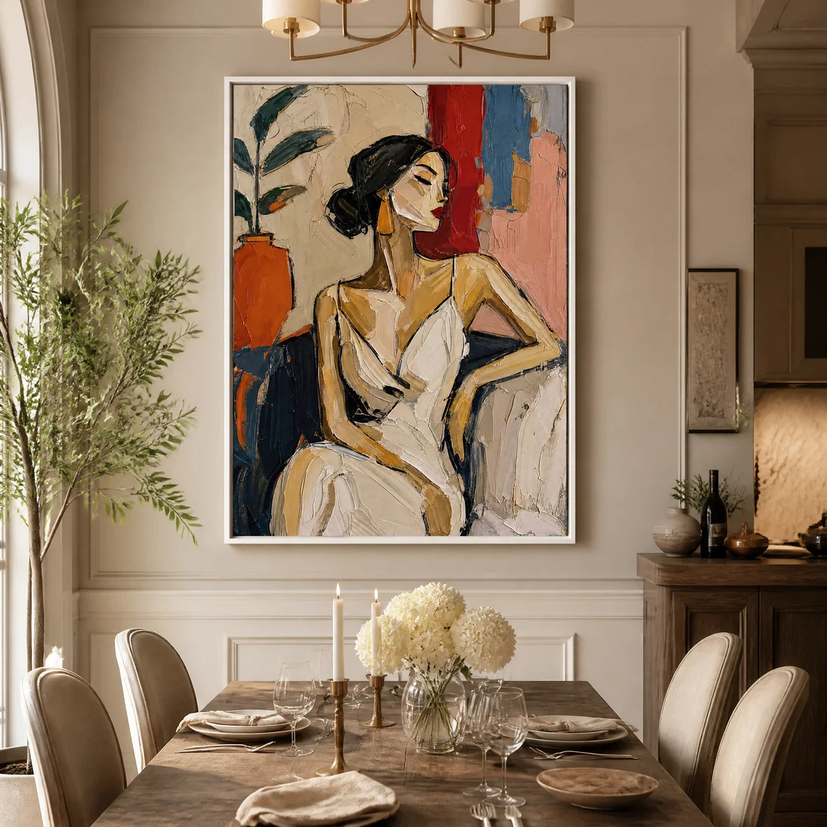 Abstract figurative oil painting of an elegant seated woman displayed in a refined dining room.