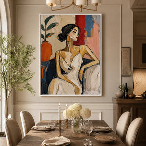 Abstract figurative oil painting of an elegant seated woman displayed in a refined dining room.