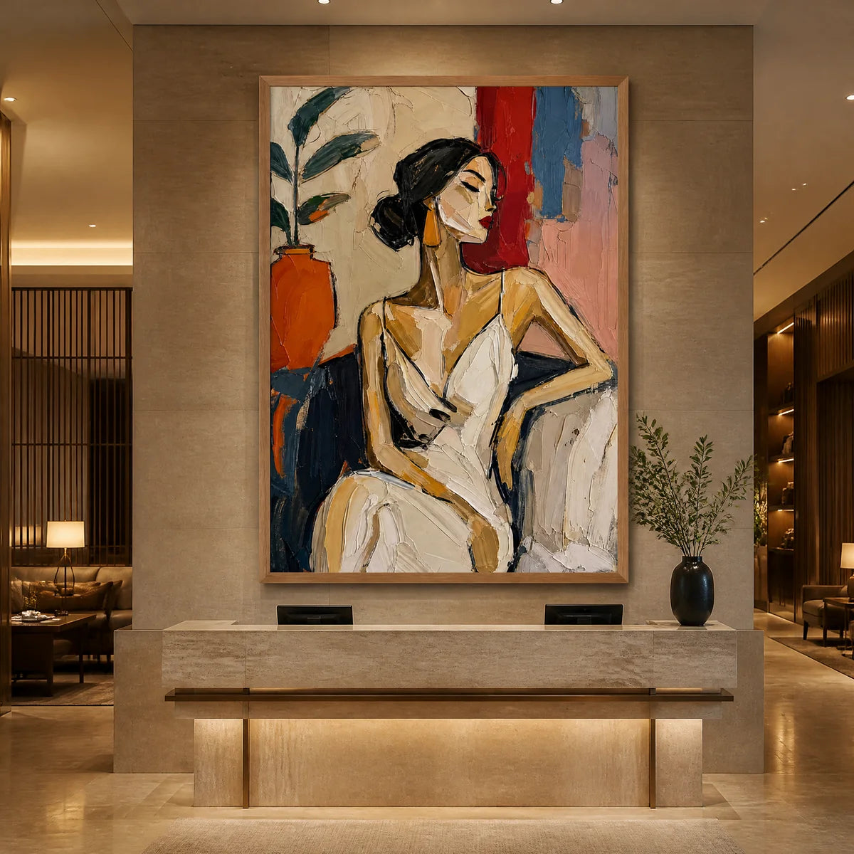 Abstract figurative oil painting of an elegant seated woman displayed in a luxury hotel lobby.