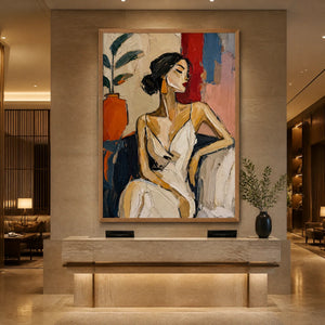 Abstract figurative oil painting of an elegant seated woman displayed in a luxury hotel lobby.