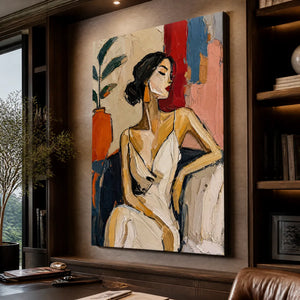 Elegant woman figurative painting, modern abstract wall art for luxury office decor.