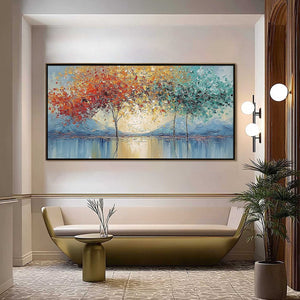 EMBER AND JADE: Textured Long Horizontal Landscape Painting of Trees
