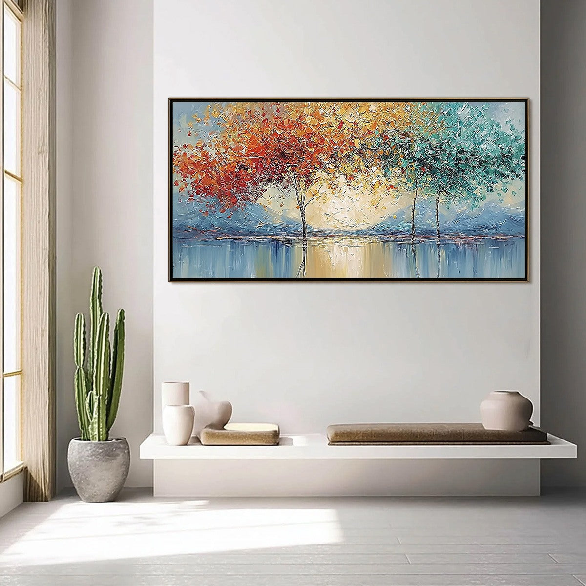 EMBER AND JADE: Textured Long Horizontal Landscape Painting of Trees