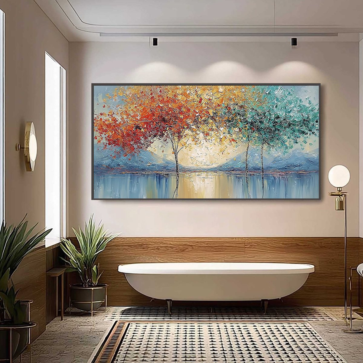EMBER AND JADE: Textured Long Horizontal Landscape Painting of Trees
