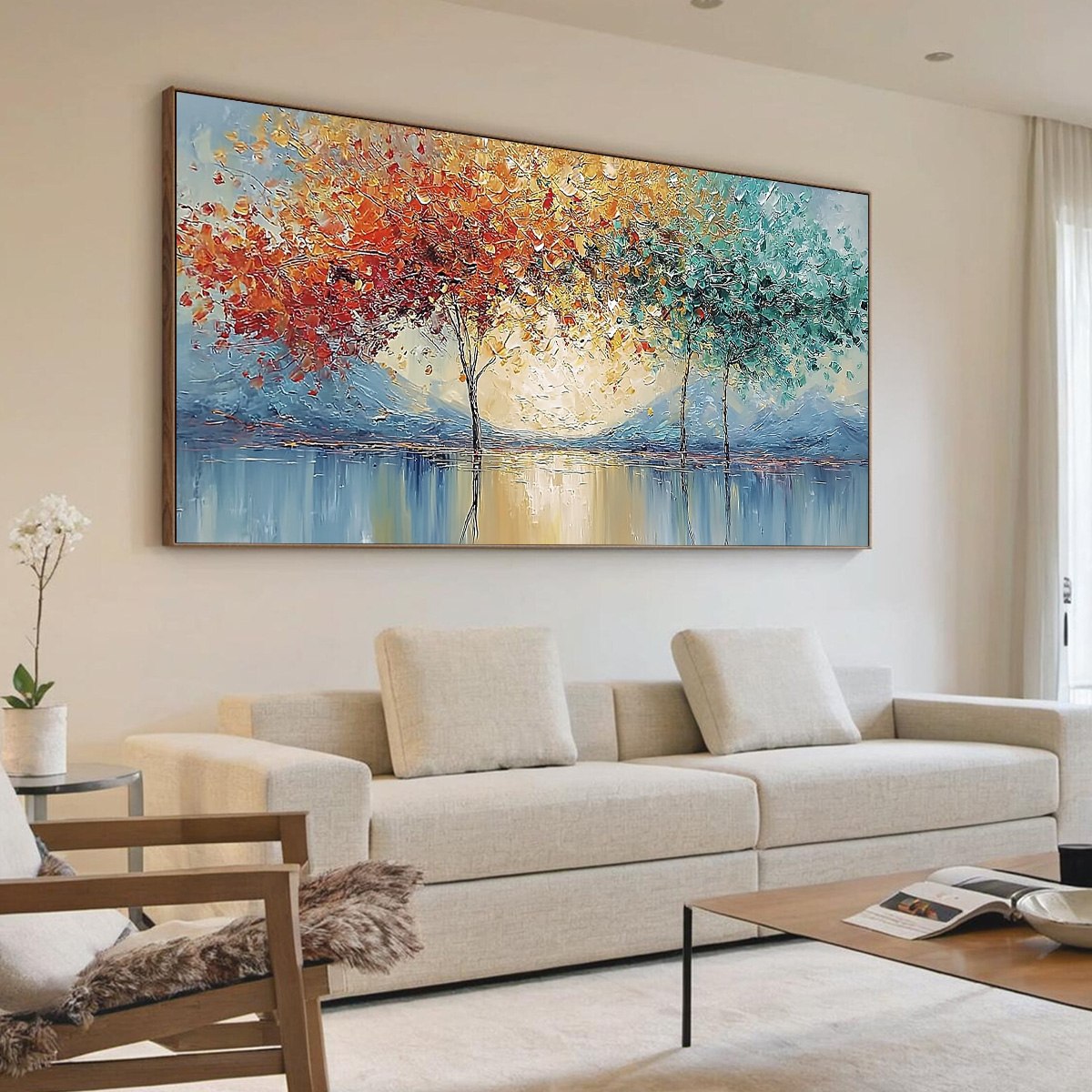 EMBER AND JADE: Textured Long Horizontal Landscape Painting of Trees