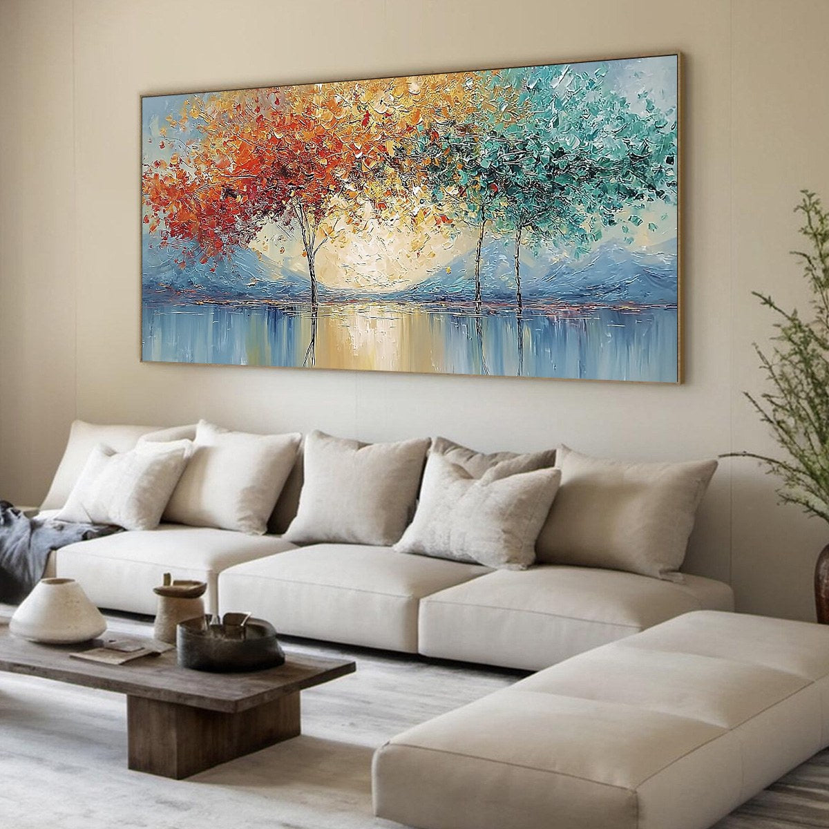 EMBER AND JADE: Textured Long Horizontal Landscape Painting of Trees