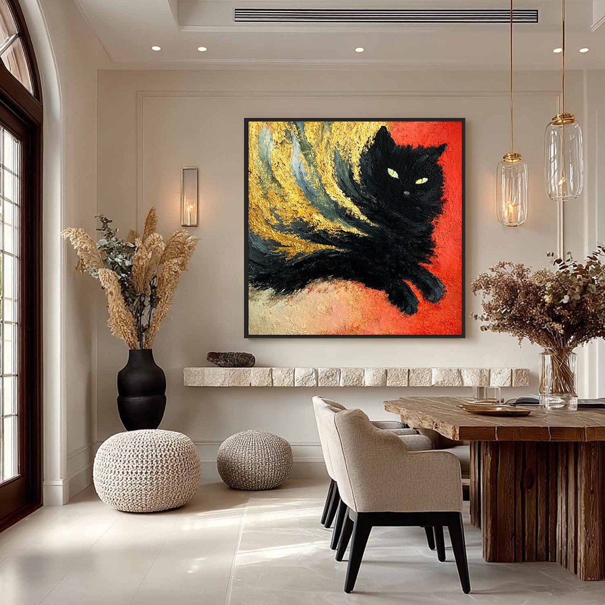 EMBER EYES: Bold Abstract Black Cat Painting with Gold Leaf