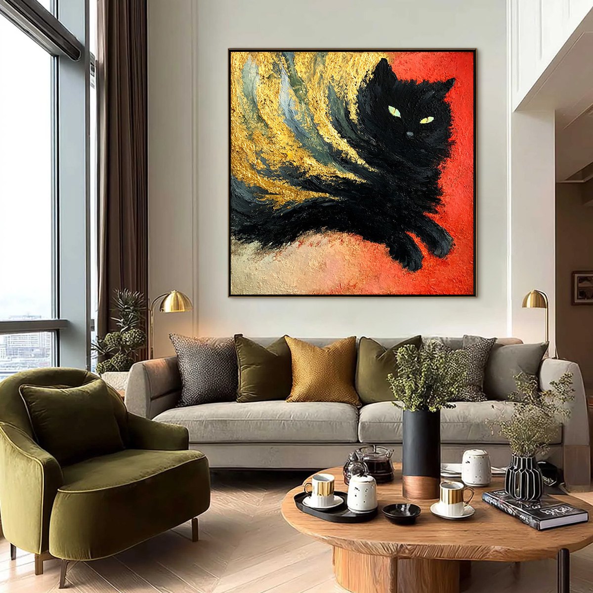 EMBER EYES: Bold Abstract Black Cat Painting with Gold Leaf