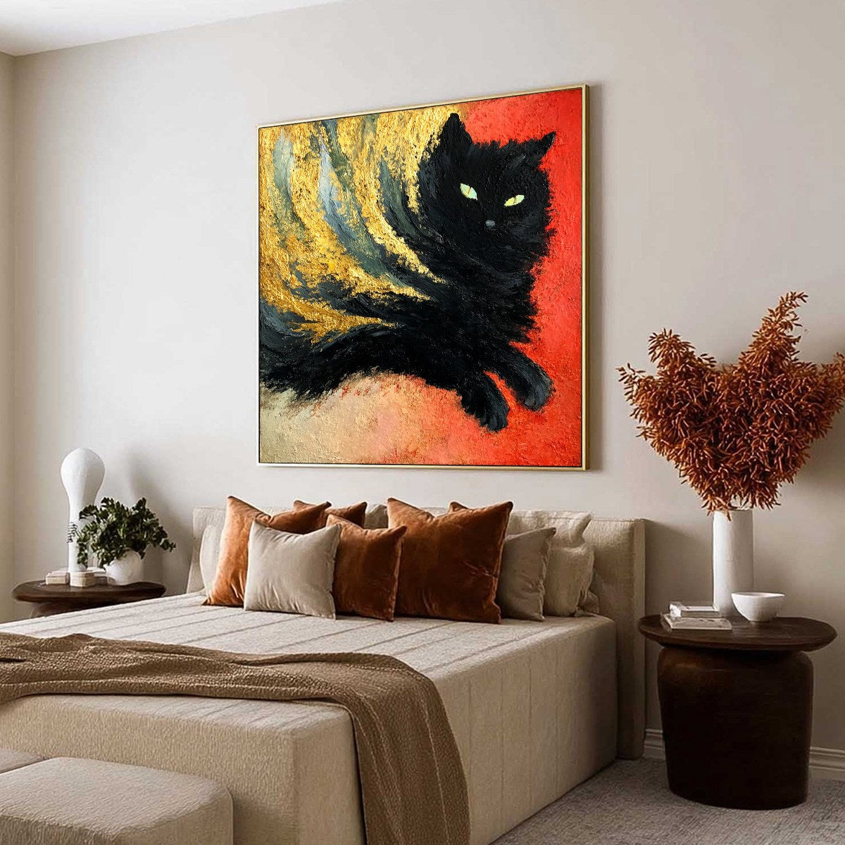 EMBER EYES: Bold Abstract Black Cat Painting with Gold Leaf