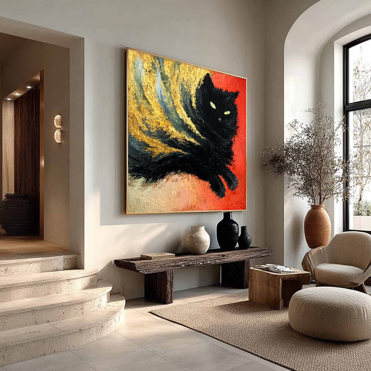 EMBER EYES: Bold Abstract Black Cat Painting with Gold Leaf