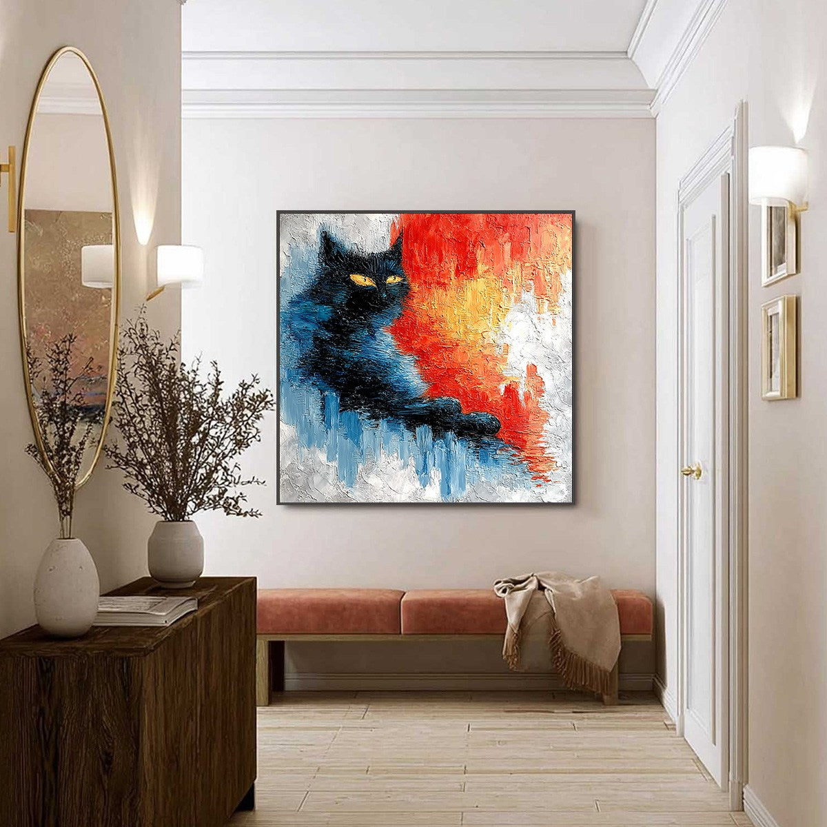 EMBER EYES: Textured Impasto Black Cat Painting on Canvas