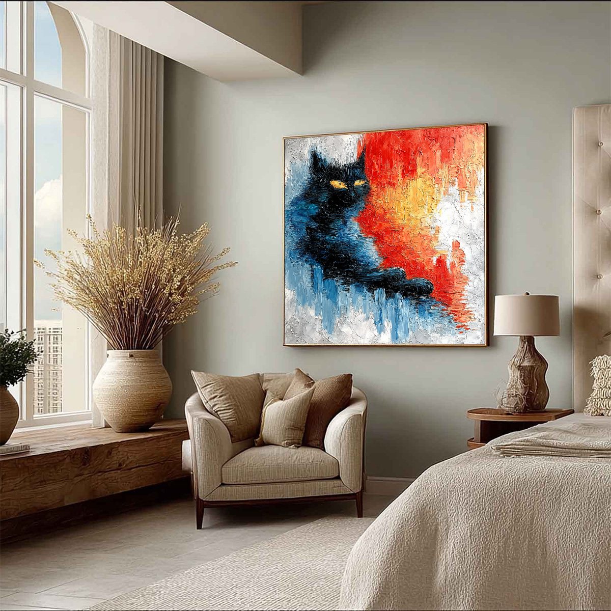 EMBER EYES: Textured Impasto Black Cat Painting on Canvas