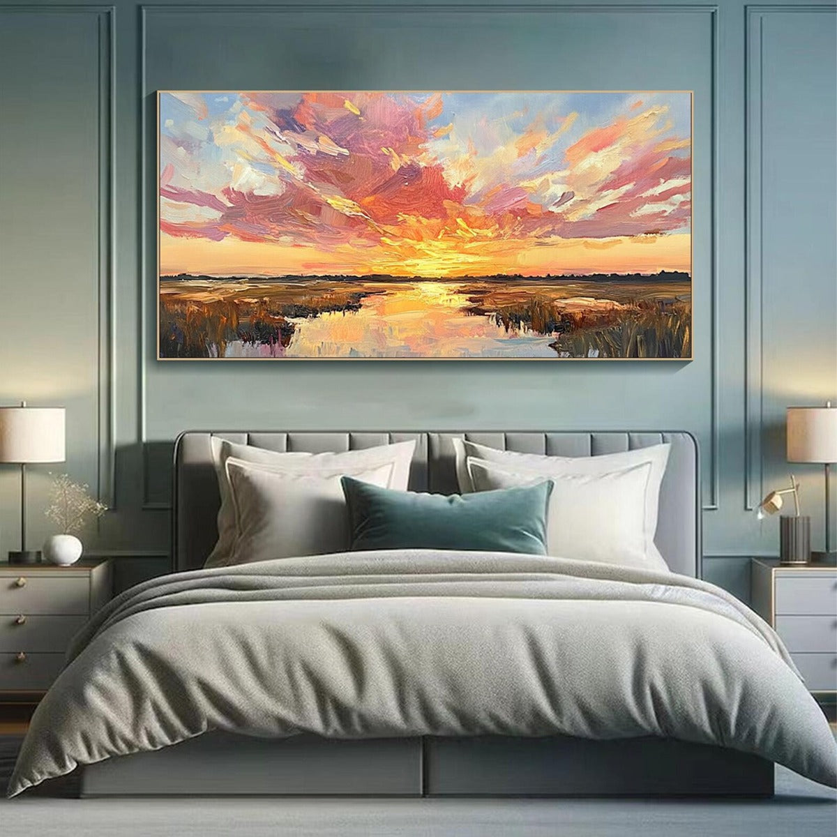 EMBERGLOW MARSH: Colorful Palette Knife Sunset Landscape Painting
