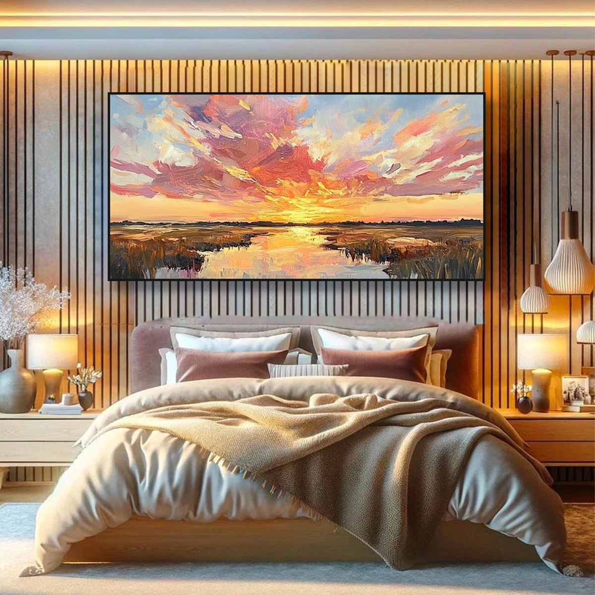 EMBERGLOW MARSH: Colorful Palette Knife Sunset Landscape Painting