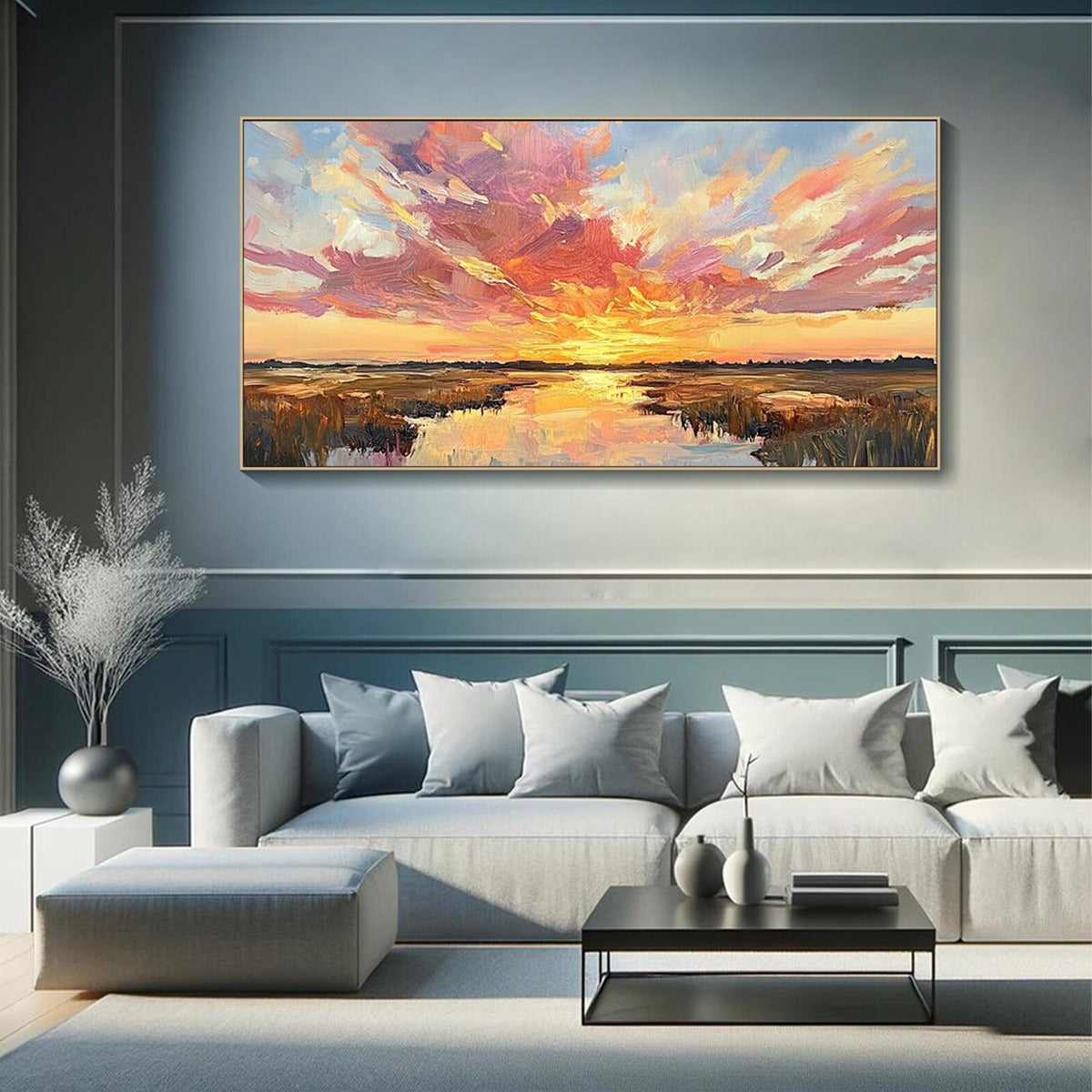 EMBERGLOW MARSH: Colorful Palette Knife Sunset Landscape Painting