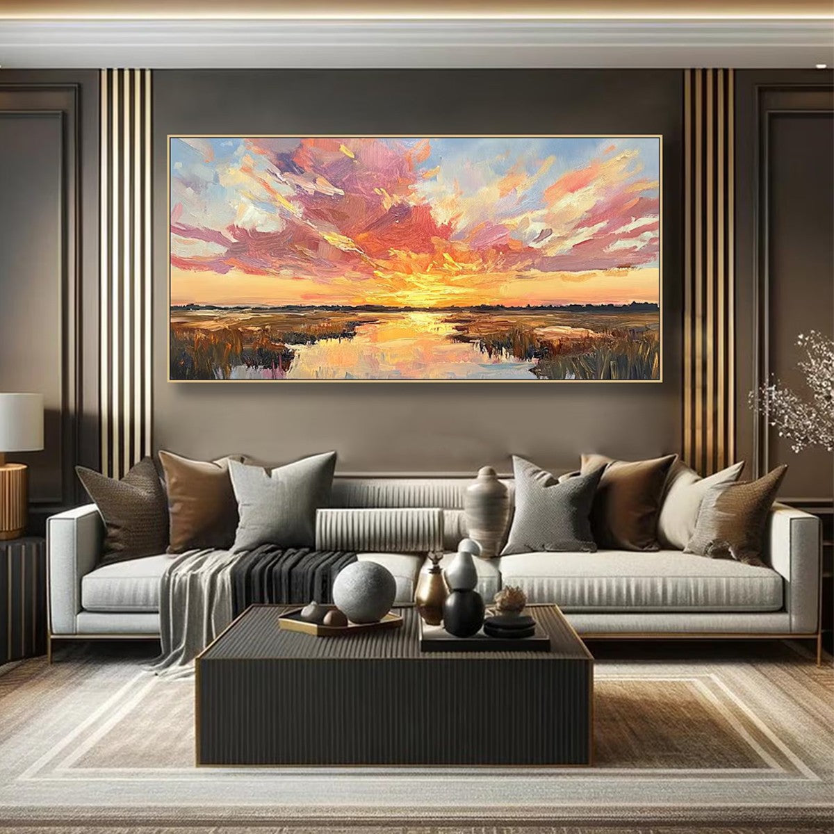 EMBERGLOW MARSH: Colorful Palette Knife Sunset Landscape Painting